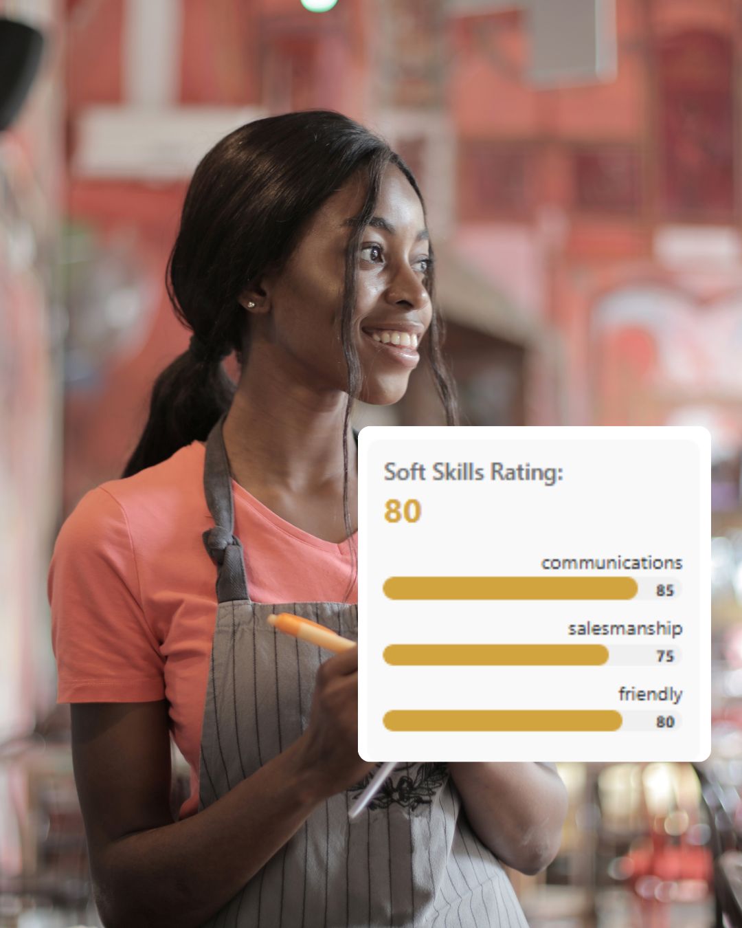 image of soft skills ratings overlay on top of a young lady who applied for a job on Starra Jobs astro hiring job board