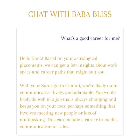 chat with starra's ai astrologer baba bliss and ask her anything. she will answer based on your unique astrology.
