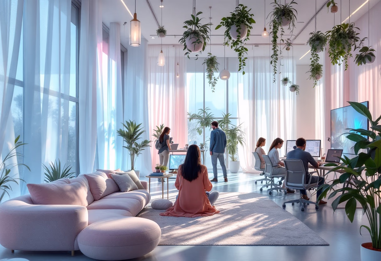 image of studio atmosphere for a game development company where everyone vibes because they used astrology to hire their team